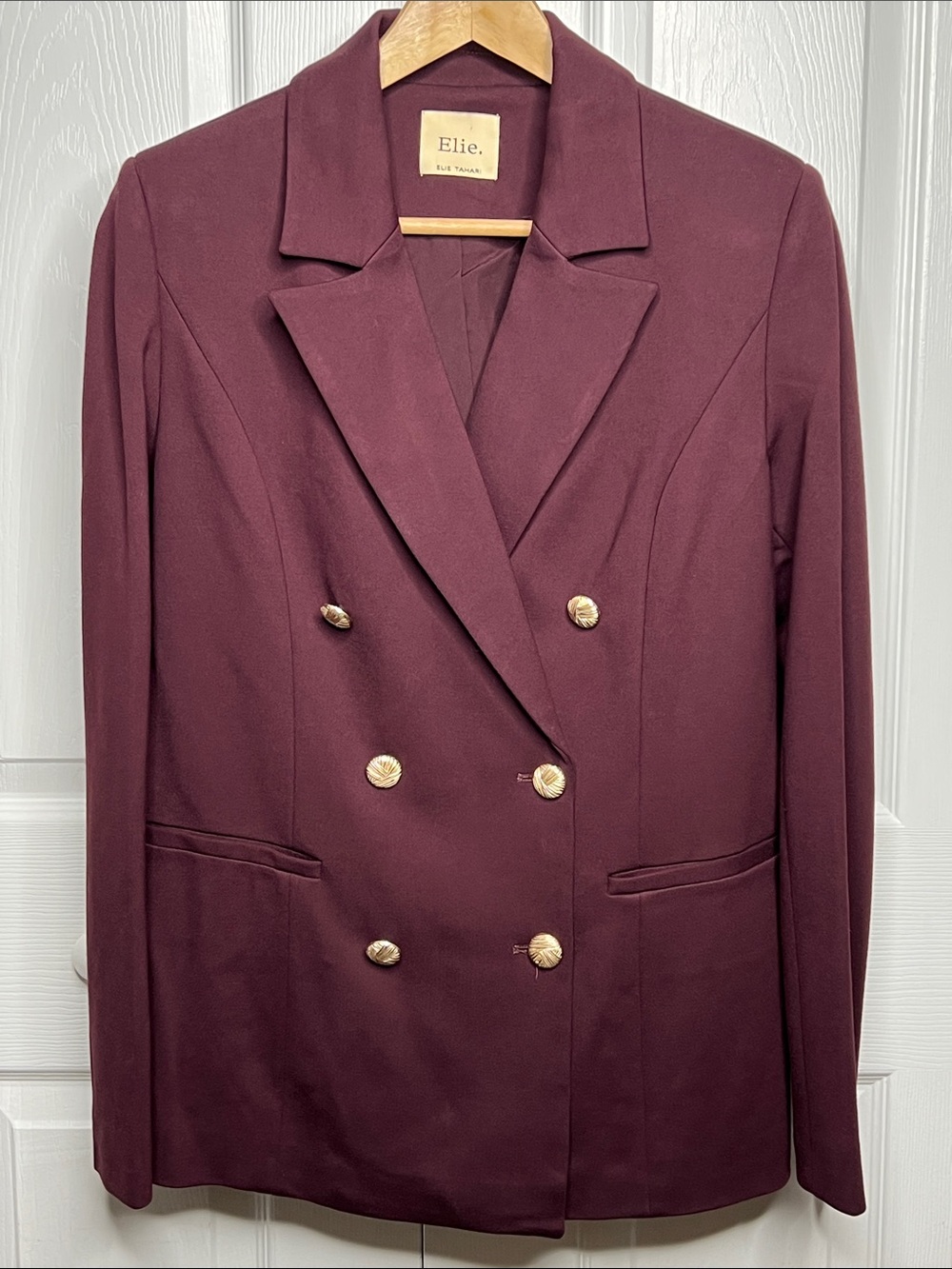 Elie Tahari Deep Vine Color Double-Breasted Blazer with Gold Buttons